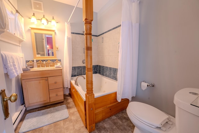 57 Main St, Woodstock, NH 03262 - full bath with toilet, a baseboard heating unit, vanity, shower / bath combo with shower curtain, and tile patterned flooring