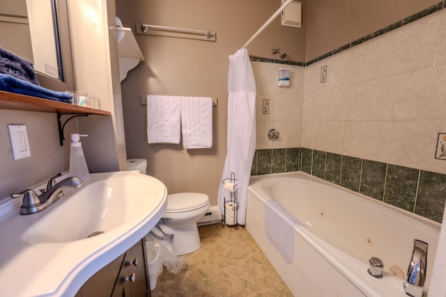 57 Main St, Woodstock, NH 03262 - full bathroom featuring toilet, a combined bath / shower with jetted tub, vanity, baseboards, and a baseboard radiator
