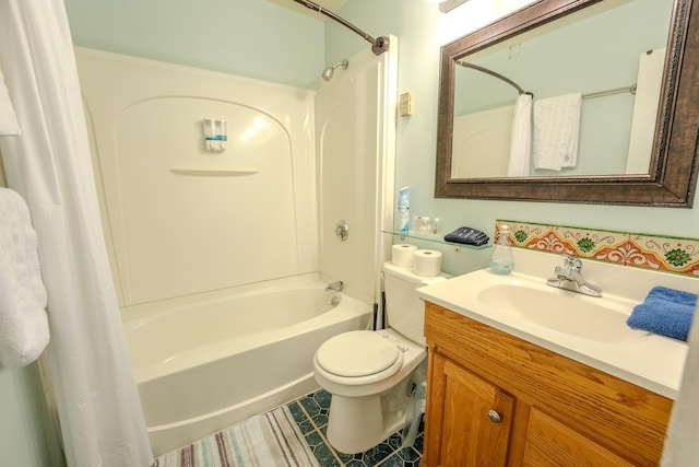 57 Main St, Woodstock, NH 03262 - bathroom featuring shower / bath combo, toilet, vanity, and tile patterned flooring