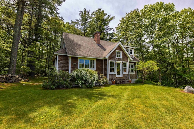 74 Mansion Rd, Dunbarton, NH 03046 - shingle-style home featuring roof with shingles, a chimney, and a front yard