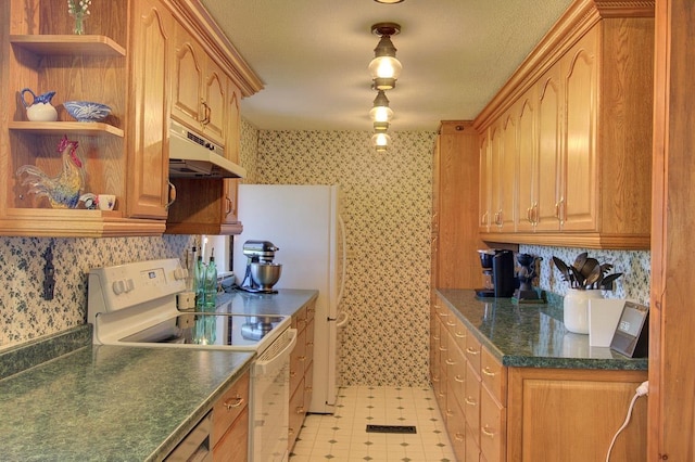 398 N Rd, Milton, VT 05468 - kitchen featuring white range with electric cooktop, under cabinet range hood, wallpapered walls, dark countertops, and open shelves