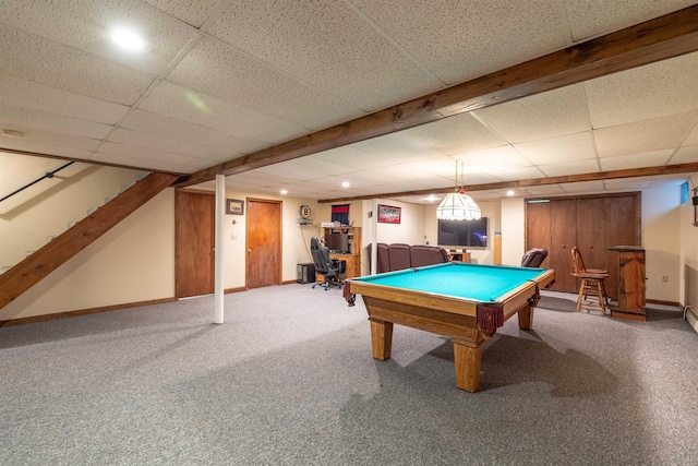 16 Berkeley St, Pelham, NH 03076 - recreation room featuring billiards table, a drop ceiling, carpet flooring, baseboards, and a bar