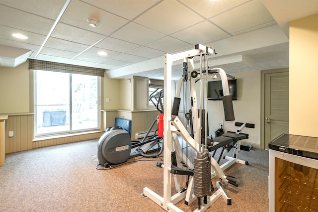 16 Gilboa Ln, Nashua, NH 03062 - exercise room featuring a baseboard radiator, a wainscoted wall, carpet flooring, recessed lighting, and a drop ceiling