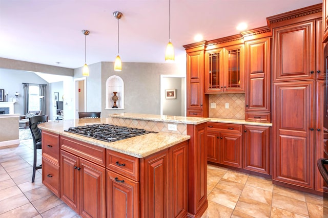 16 Gilboa Ln, Nashua, NH 03062 - kitchen with black gas cooktop, tasteful backsplash, pendant lighting, a kitchen island, and recessed lighting