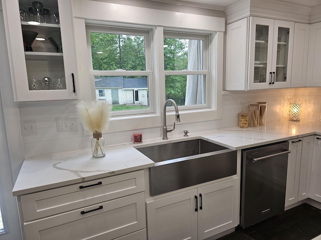 436 Mammoth Rd, Pelham, NH 03076 - kitchen featuring dishwasher, a sink, white cabinetry, light stone countertops, and glass insert cabinets