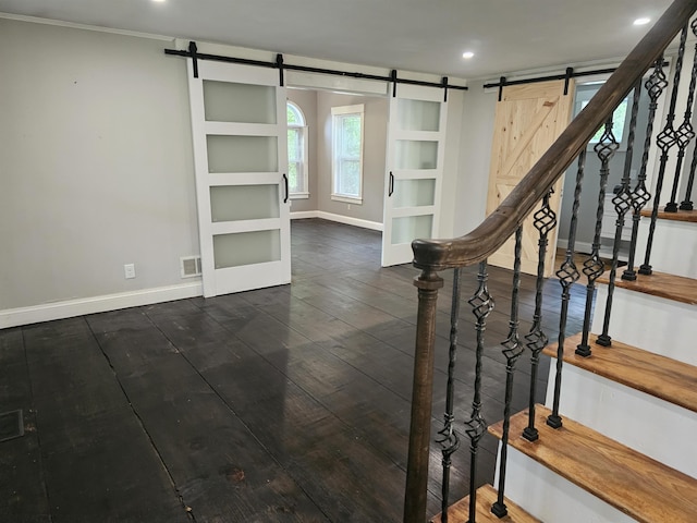 436 Mammoth Rd, Pelham, NH 03076 - stairway featuring a barn door, baseboards, wood finished floors, recessed lighting, and crown molding