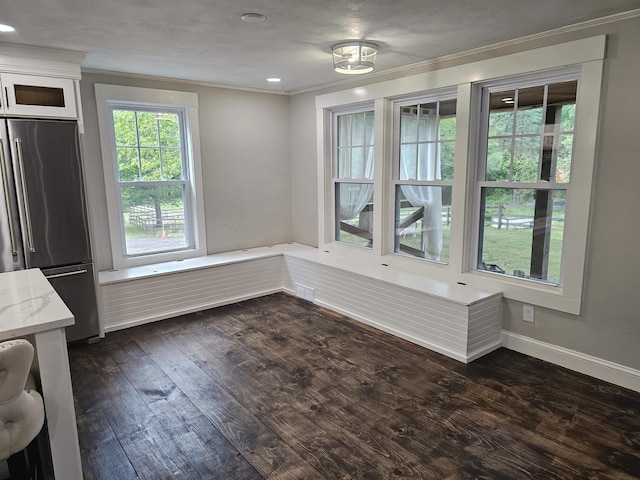 436 Mammoth Rd, Pelham, NH 03076 - unfurnished dining area featuring ornamental molding, dark wood finished floors, and recessed lighting