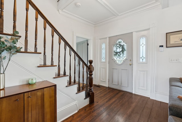 808 Mountain Rd, Parsonsfield, ME 04047 - foyer featuring dark wood-type flooring, stairway, crown molding, and beamed ceiling