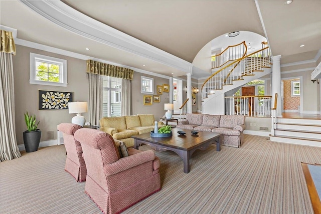 1097 Taber Ridge Rd, Stowe, VT 05672 - living room with carpet, stairway, baseboards, ornamental molding, and recessed lighting