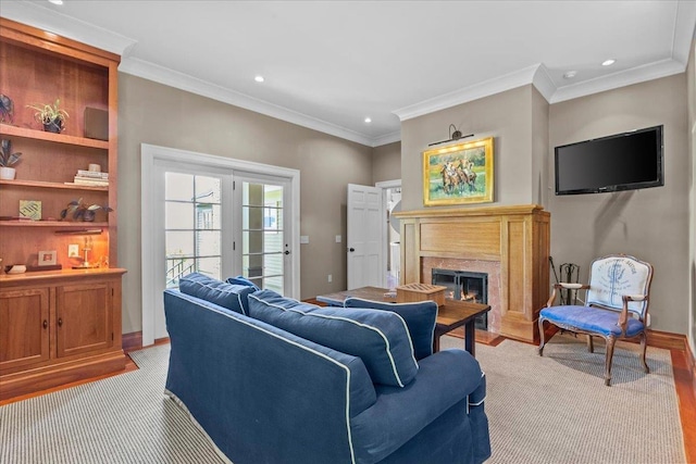 1097 Taber Ridge Rd, Stowe, VT 05672 - living area with a high end fireplace, crown molding, recessed lighting, and baseboards
