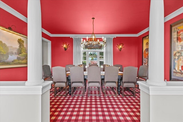 1097 Taber Ridge Rd, Stowe, VT 05672 - carpeted dining room with ornate columns, a chandelier, and ornamental molding