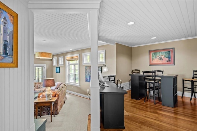 1097 Taber Ridge Rd, Stowe, VT 05672 - office area featuring baseboards, recessed lighting, wood finished floors, and ornamental molding