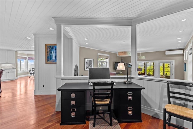 1097 Taber Ridge Rd, Stowe, VT 05672 - office space featuring wooden ceiling, wood finished floors, plenty of natural light, crown molding, and a wall mounted AC