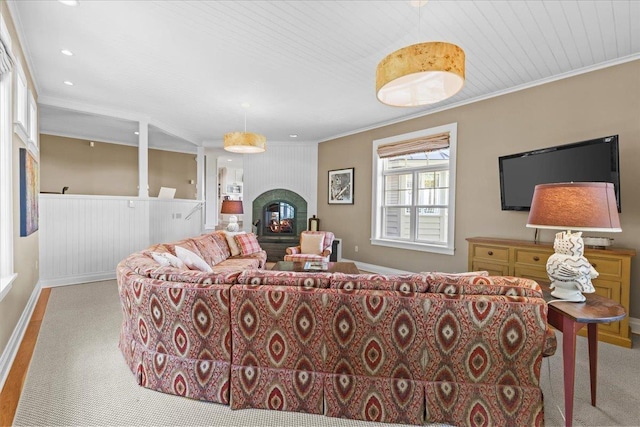 1097 Taber Ridge Rd, Stowe, VT 05672 - living area featuring ornamental molding, carpet flooring, baseboards, a fireplace, and recessed lighting