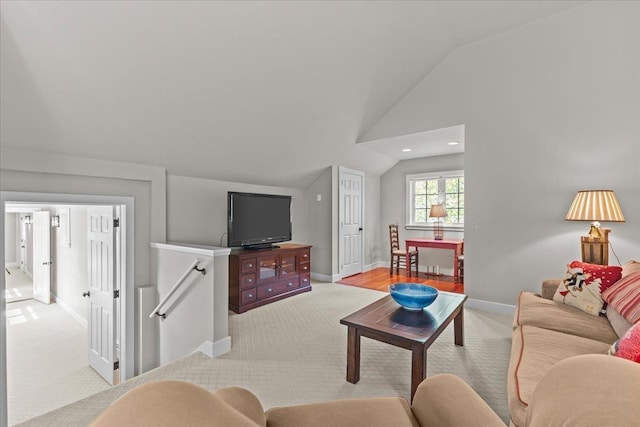 1097 Taber Ridge Rd, Stowe, VT 05672 - living area with light colored carpet, vaulted ceiling, baseboards, and recessed lighting
