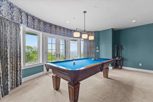 1097 Taber Ridge Rd, Stowe, VT 05672 - recreation room with baseboards, billiards table, light carpet, french doors, and recessed lighting