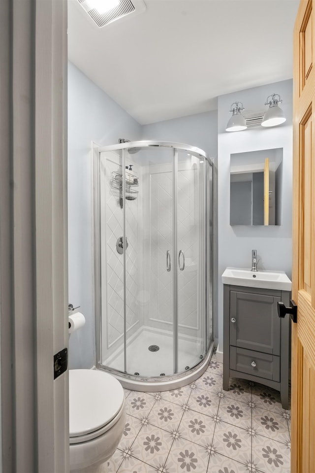 47 Hollow View Rd, Stowe, VT 05672 - bathroom featuring vanity, toilet, a shower stall, and tile patterned floors