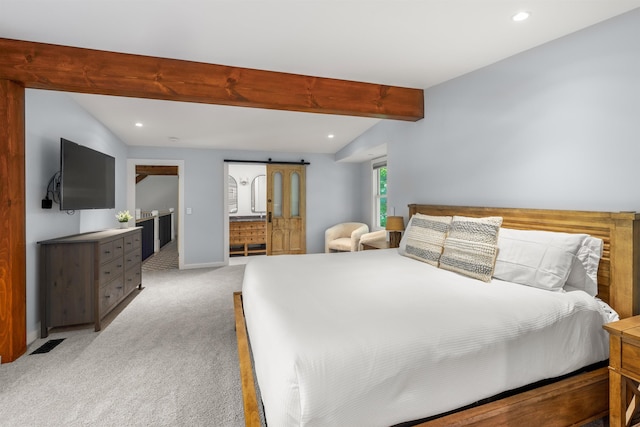 47 Hollow View Rd, Stowe, VT 05672 - bedroom with recessed lighting, light colored carpet, baseboards, and a barn door