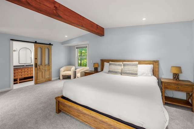 47 Hollow View Rd, Stowe, VT 05672 - carpeted bedroom featuring recessed lighting, beam ceiling, baseboards, and a barn door
