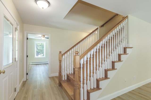 38 Howard Hill Rd, Jaffrey, NH 03452 - staircase with a baseboard heating unit, wood finished floors, baseboards, and ceiling fan