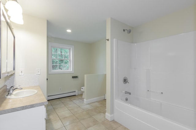 38 Howard Hill Rd, Jaffrey, NH 03452 - bathroom with a baseboard heating unit, toilet, vanity, tile patterned flooring, and tub / shower combination