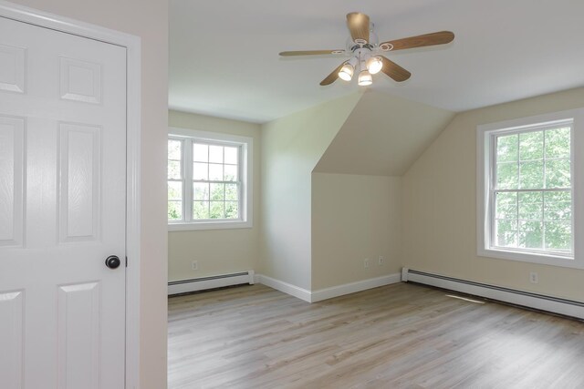 38 Howard Hill Rd, Jaffrey, NH 03452 - bonus room featuring baseboard heating, light wood-style floors, ceiling fan, baseboards, and vaulted ceiling