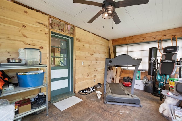 194 Pleasant St, Bristol, NH 03222 - exercise room with wood walls, ceiling fan, and wood ceiling