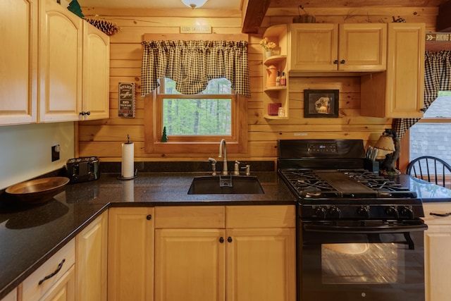 3233 Stinson Lake Rd, Ellsworth, NH 03266 - kitchen with black gas stove, a sink, and wooden walls