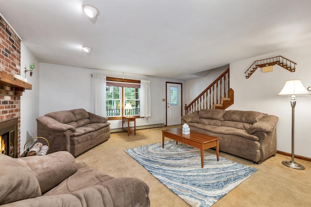 210 Province Rd, Belmont, NH 03220 - carpeted living room with a fireplace, a baseboard heating unit, stairway, and baseboards