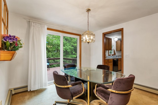 210 Province Rd, Belmont, NH 03220 - dining room featuring a chandelier, a baseboard heating unit, and light colored carpet