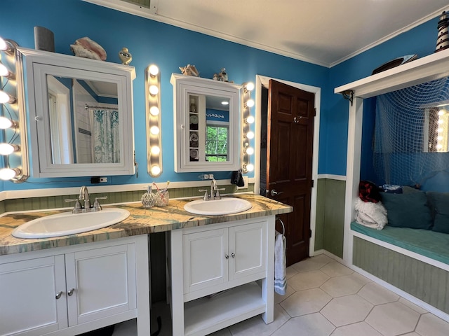 6 Nightingale Ln, Grantham, NH 03753 - bathroom with double vanity, tile patterned flooring, and ornamental molding