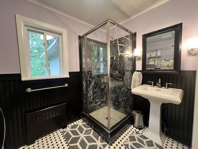 6 Nightingale Ln, Grantham, NH 03753 - bathroom with radiator heating unit, wainscoting, a shower stall, and crown molding
