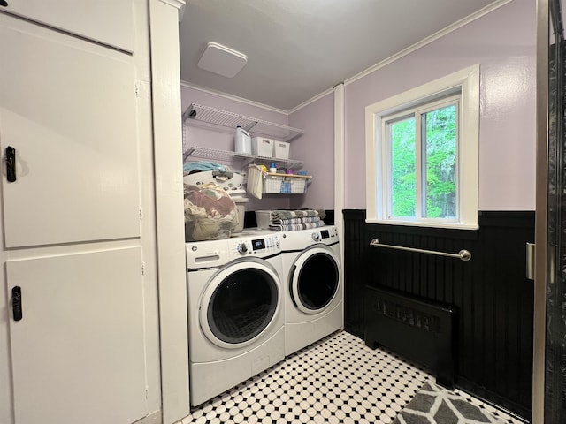 6 Nightingale Ln, Grantham, NH 03753 - laundry area with radiator, washer and dryer, a wainscoted wall, ornamental molding, and light floors