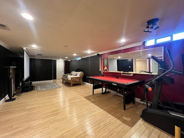 6 Nightingale Ln, Grantham, NH 03753 - recreation room with crown molding, billiards table, light wood-style floors, recessed lighting, and baseboards
