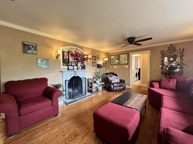6 Nightingale Ln, Grantham, NH 03753 - living area featuring wood finished floors, ceiling fan, crown molding, a fireplace with raised hearth, and baseboards