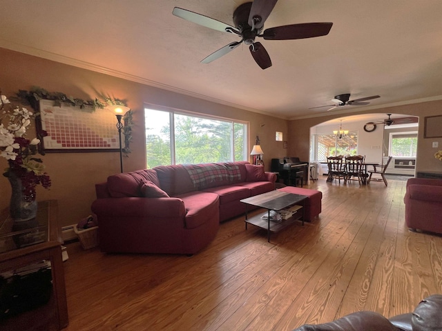 6 Nightingale Ln, Grantham, NH 03753 - living room with ceiling fan, crown molding, hardwood / wood-style floors, and a chandelier