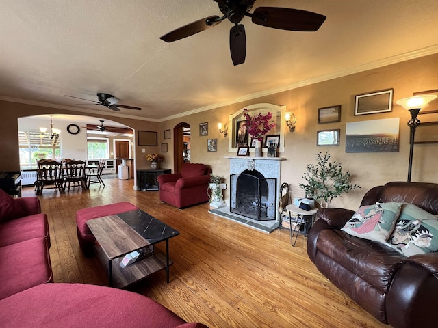 6 Nightingale Ln, Grantham, NH 03753 - living area with ceiling fan, arched walkways, wood-type flooring, ornamental molding, and a fireplace with raised hearth