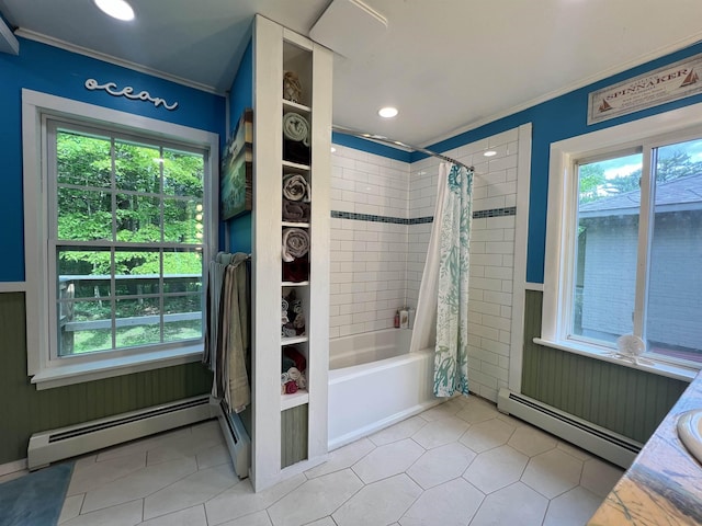 6 Nightingale Ln, Grantham, NH 03753 - full bath featuring a baseboard radiator, ornamental molding, plenty of natural light, and recessed lighting