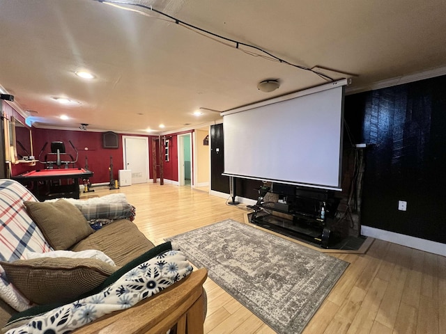 6 Nightingale Ln, Grantham, NH 03753 - home theater room featuring wood finished floors, baseboards, recessed lighting, and crown molding