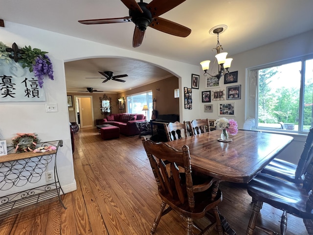6 Nightingale Ln, Grantham, NH 03753 - dining space featuring arched walkways, ceiling fan, a chandelier, and wood finished floors