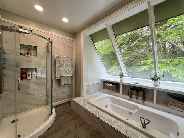 6 Nightingale Ln, Grantham, NH 03753 - full bath with a whirlpool tub, wood finished floors, a stall shower, and recessed lighting