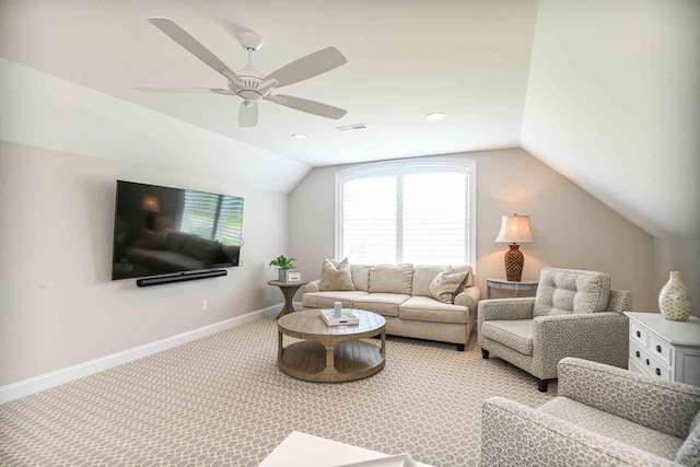 12 Haywick Dr, Stratham, NH 03870 - living area with vaulted ceiling, light colored carpet, baseboards, a ceiling fan, and recessed lighting
