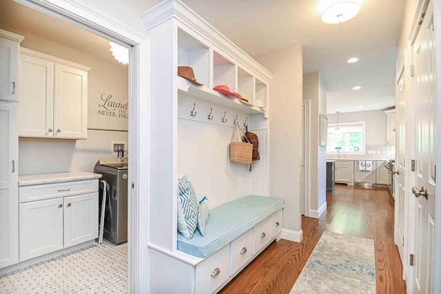 12 Haywick Dr, Stratham, NH 03870 - mudroom with light wood-style floors, recessed lighting, and washing machine and clothes dryer