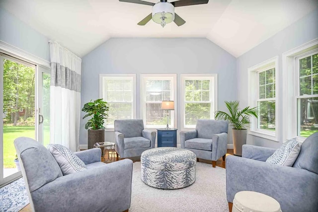 12 Haywick Dr, Stratham, NH 03870 - living area with a ceiling fan, lofted ceiling, and wood finished floors