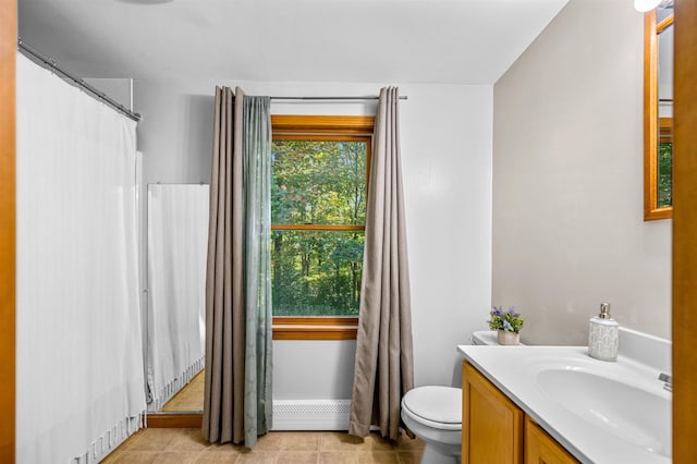 354 Jenny Davis Rd, Waterbury, VT 05676 - bathroom with toilet, vanity, a shower with curtain, and tile patterned flooring