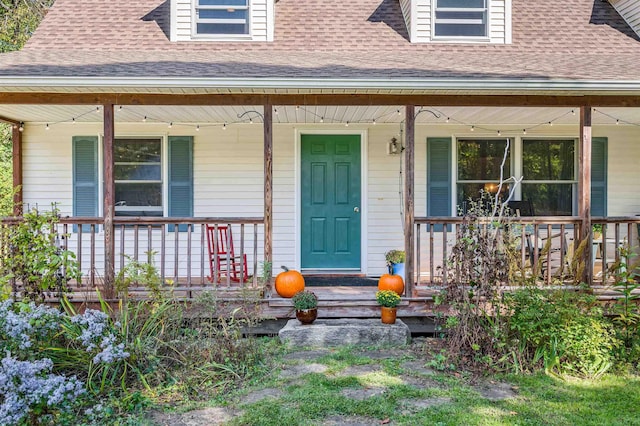 354 Jenny Davis Rd, Waterbury, VT 05676 - view of exterior entry featuring a porch and roof with shingles