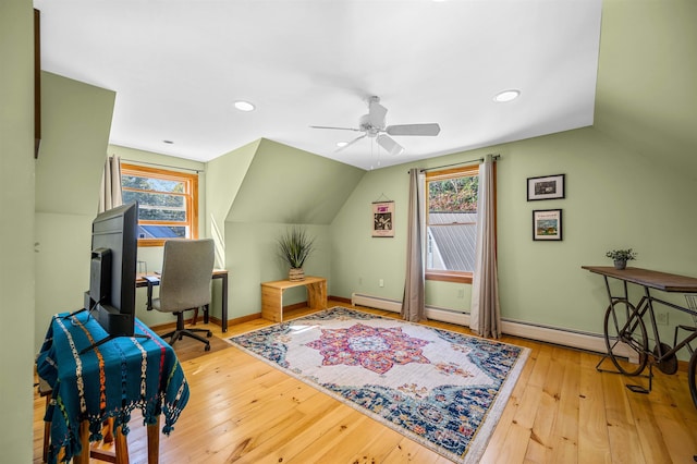 354 Jenny Davis Rd, Waterbury, VT 05676 - office space with vaulted ceiling, healthy amount of natural light, ceiling fan, baseboards, and hardwood / wood-style flooring