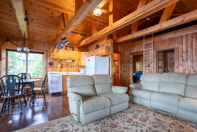 376 White Oak Rd, Barnstead, NH 03225 - living area featuring wood walls, wooden ceiling, dark wood finished floors, and a chandelier