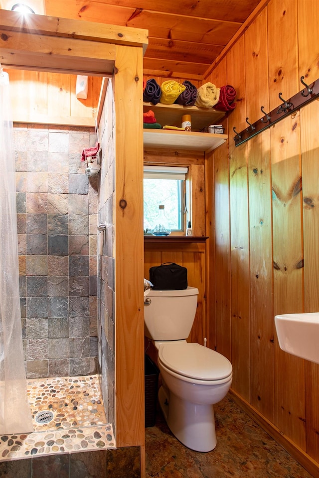 376 White Oak Rd, Barnstead, NH 03225 - bathroom with a stall shower, wooden walls, toilet, and wooden ceiling