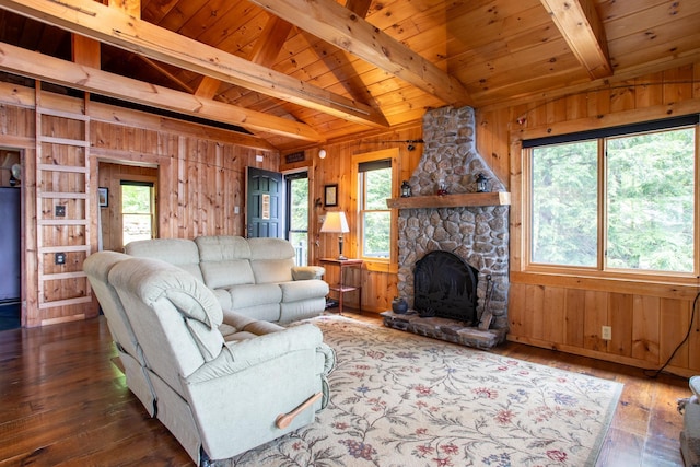 376 White Oak Rd, Barnstead, NH 03225 - living area featuring wood walls, hardwood / wood-style floors, wood ceiling, and a fireplace